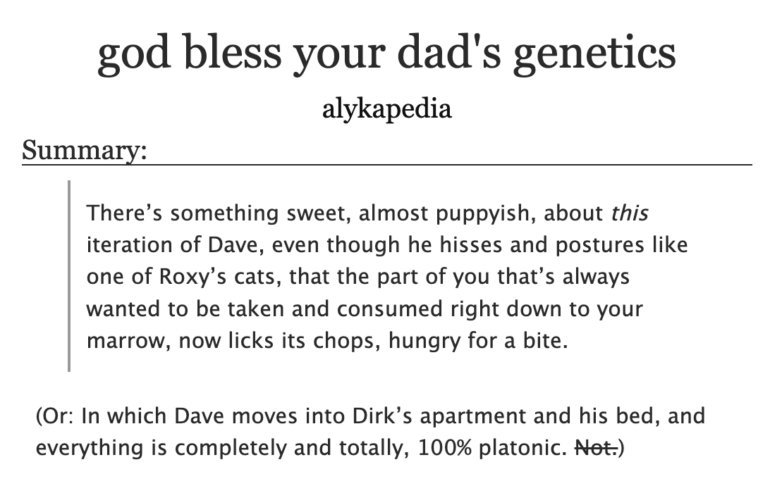 alykapedia's tweet photo. god bless your dad's genetics
#stridercest #davedirk
M | 3k+ words https://t.co/1lnTulxKIO