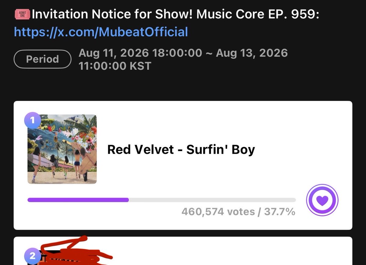 revebarbpt2's tweet photo. LUVIESS We currently are number 1 on both Mubeats and Muniverse CONTINUE TO VOTE AND WATCH ADS AND PLAY LETS DOUBLE THIS GAP #RedVelvet #Surfinboy #Surfinboy1stwin https://t.co/MEEd1lS3Mk