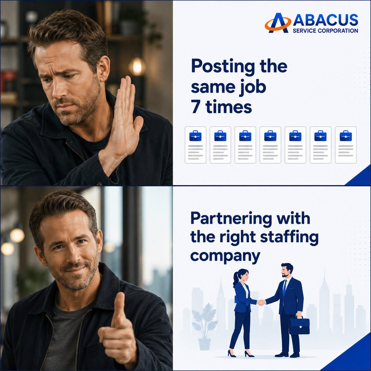 AbacusSvcCorp's tweet photo. Still reposting the same job and hoping for different results? We help businesses connect with qualified talent faster, so you can spend less time searching and more time growing. Tag someone who's been reposting the same job for weeks. 😅
#AbacusServiceCorporation #Staffing https://t.co/nqpoUaPWPG
