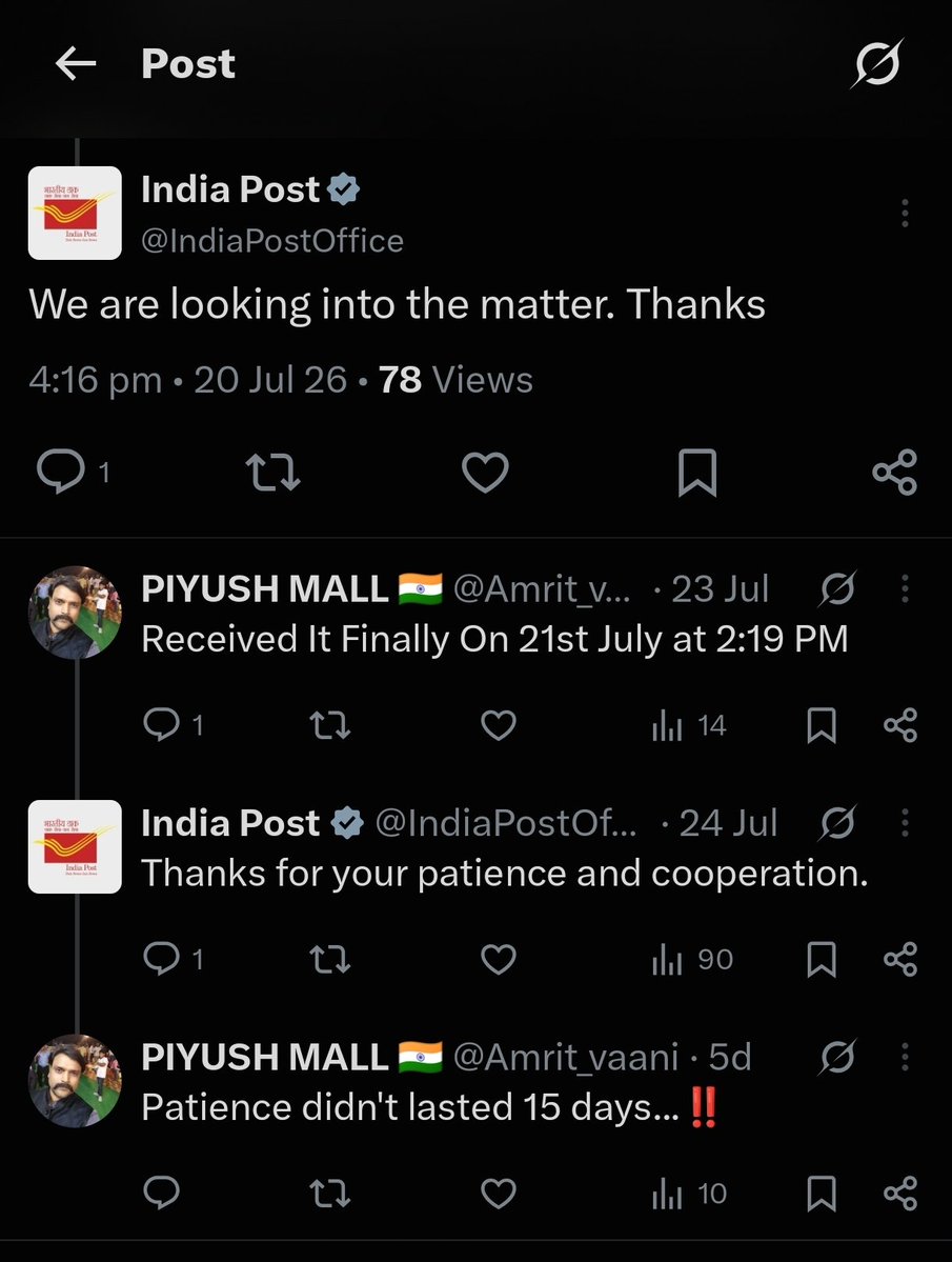 Amrit_vaani's tweet photo. @IndiaPostOffice I had already confirmed that it was delivered on 21st July.
This time, my patience was tested when Siddhart Enclave Post Office (273017) refused to accept a document for Speed Post at 2 PM &amp; asked me to come before 12 noon next day, claiming that the server crashes every day. https://t.co/haxBk1RsBC