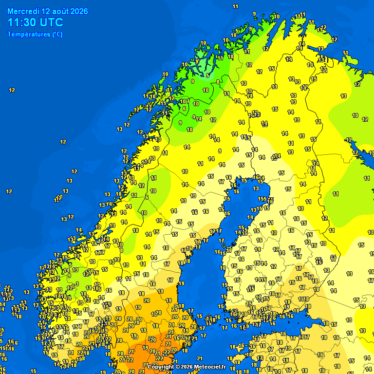 Meteovilles's tweet photo. Si l’ouest et le sud de l’Europe connaissent des températures particulièrement élevées en ce 12 août 2026, l’ambiance est presque automnale sur une partie de la Scandinavie 🍂. À Oteren, dans le nord-ouest de la Norvège, il ne faisait que 5°C à midi ! https://t.co/JxCEkL5JpW
