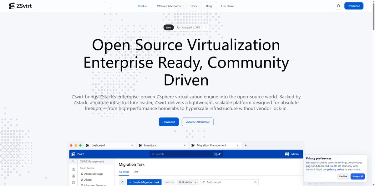 ZSvirt's tweet photo. 🎉Big day: ZSvirt — built on the same engine behind @ZStackCloud  ZSphere, proven in 1,000+ production environments — is now open source under GPL 3.0.⬇️
https://t.co/JawNhhQgsR
#opensource #Virtualization #VMwareAlternative #ZSvirt #ZStack https://t.co/fIX9rYcgYq