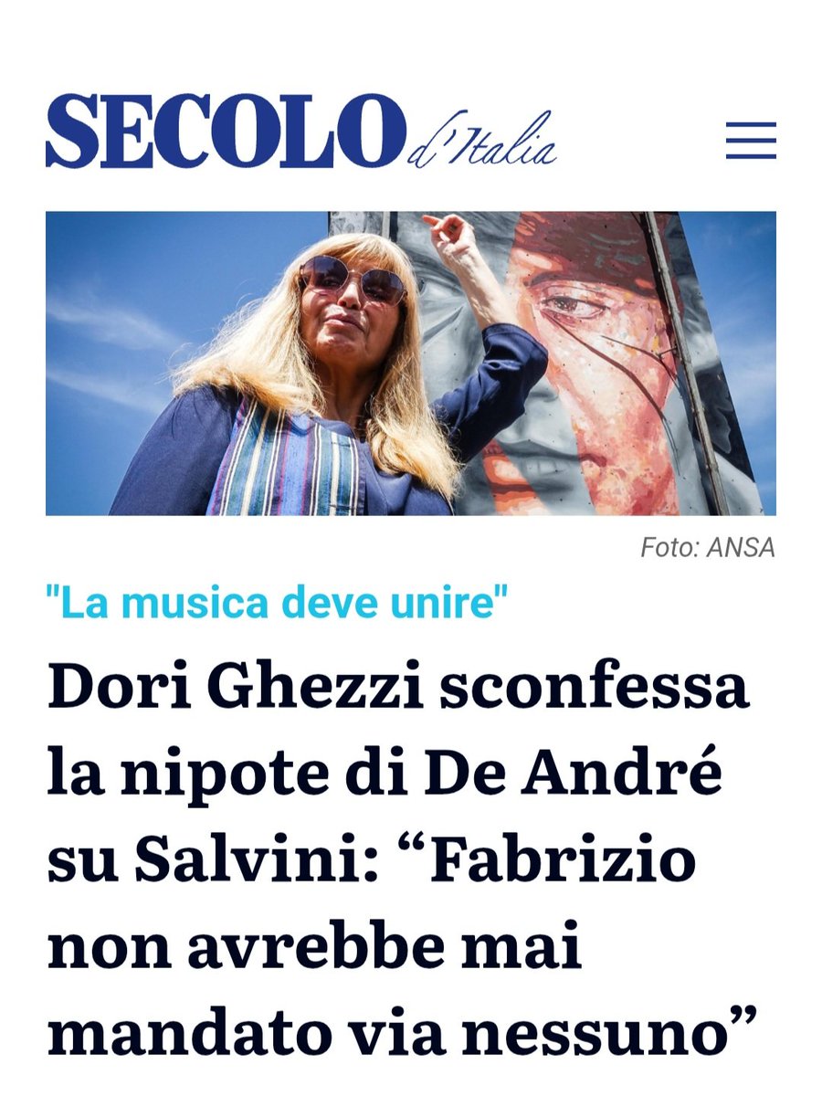 Virna25marzo's tweet photo. DORI GHEZZI
SDENG MAGISTRALE ad Alice De André.
➡️'La vedova di Faber replica alla nipote del cantautore e difende la presenza di Salvini all’Agnata: "Lo conosco da 25 anni, sa tutte le canzoni a memoria". E poi: "Cosa ne sa lei del nonno. Una volta decidemmo anche di votare destra"
DA SECOLO D'ITALIA ⬇️
