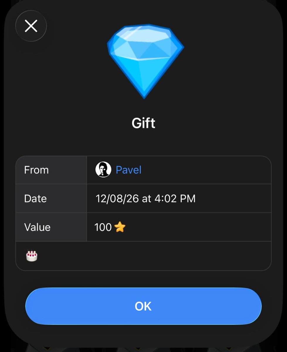 PublicMemer's tweet photo. Pavel Durov Congratulates Telegram’s Top User

Today, Telegram founder Pavel Durov sent a Diamond gift to @/boris with the message “🎂”.

@/boris is currently ranked #1 among Telegram users, with his gift collection estimated to be worth over $120,000.

A few months ago, Boris reportedly spent $75,000 to move his ranking from 87th to 88th place.

#Telegram #Gifts #NFT #PavelDurov #news #TelegramNews #updates
