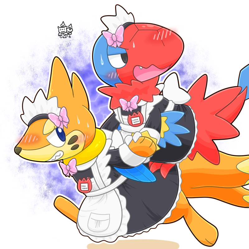 FlyDragon330's tweet photo. アーケン君とブイゼル君（Archen and Buizel）

謎シチュエーション
（敵に捕まってメイド服を着させられたけど脱出するところ、みたいな感じ？） https://t.co/JnErw0DDZL