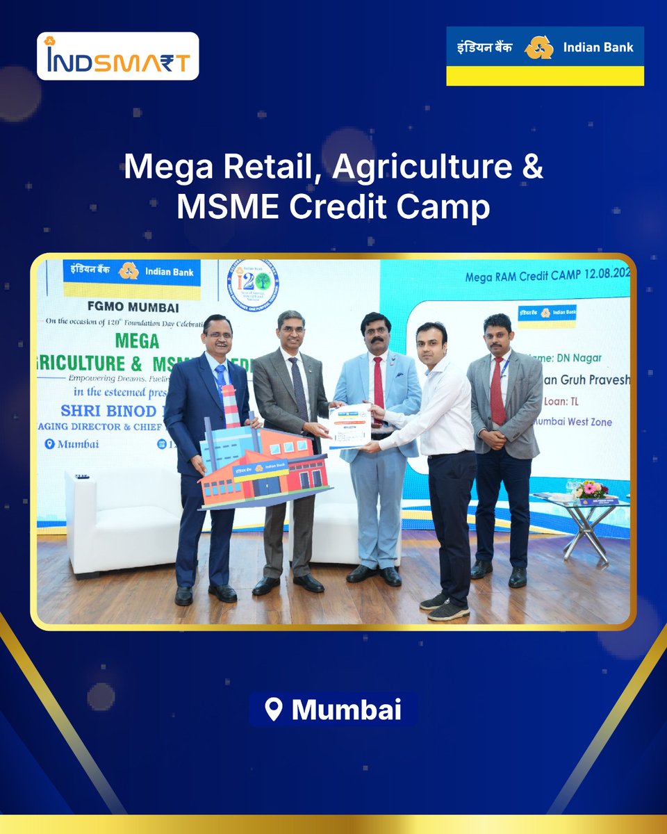 MyIndianBank's tweet photo. As part of its 120th Foundation Day Fortnight Celebrations, Indian Bank hosted a Mega Retail, Agri & MSME Credit Camp in Mumbai. MD & CEO Shri Binod Kumar handed over sanction letters to beneficiaries, reaffirming the Bank’s commitment to empowering MSMEs and advancing the vision of Viksit Bharat.

#IndianBank #IB120FoundationDay #IndianBankAt120 #120YearsofTrust
