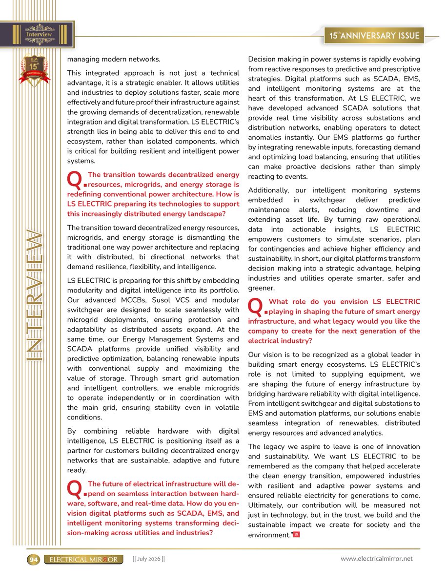 Electricalmirro's tweet photo. Interview Spotlight | Mr. Rajesh Jayachandran, Director, LS ELECTRIC Co. Ltd.
Insights on smart energy ecosystems, intelligent switchgear, digital substations, SCADA, EMS and AI-driven power infrastructure.
Read more: https://t.co/n8I5803FPQ
#ElectricalMirror #LSElectric https://t.co/Xmw8jgGePw