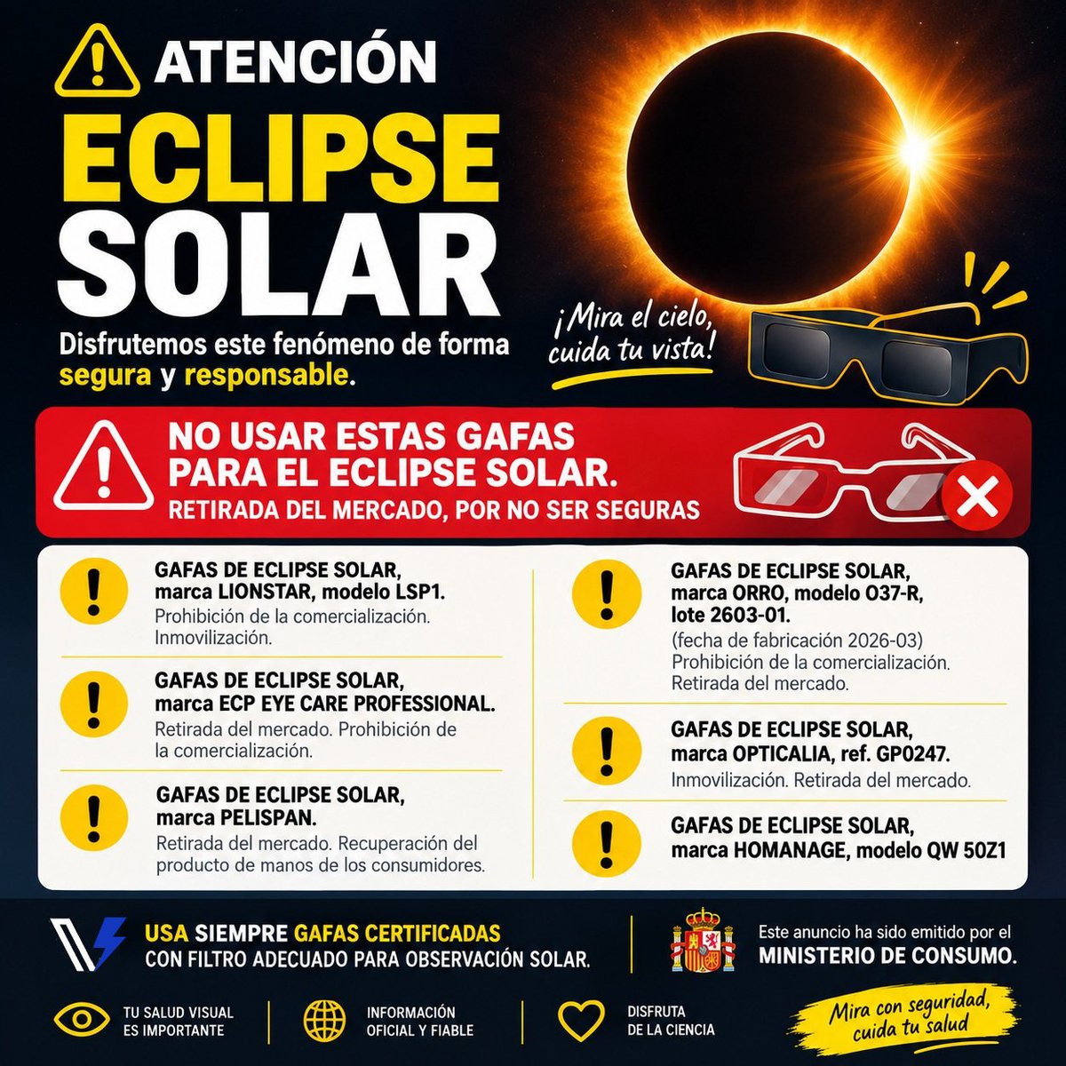 vanguardizate_'s tweet photo. 🌑☀️ Eclipse solar: atención a la seguridad.
El Ministerio de Consumo ha alertado sobre determinadas gafas para observar eclipses que no son seguras. ⚠️ Si tienes alguna de las indicadas en nuestra publicación, no las utilices.
#EclipseSolar #Seguridad #SaludVisual https://t.co/nRvSDdJTyd