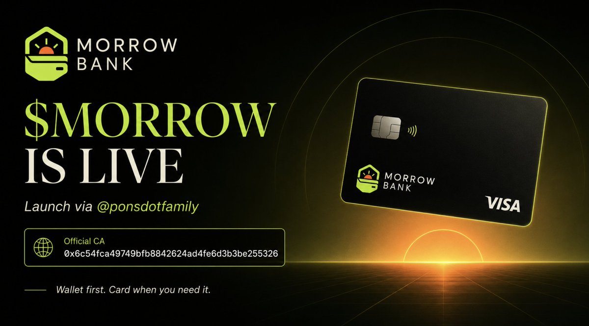 morrowbank's tweet photo. $MORROW is now live via @ponsdotfamily
CA : 0x6c54fca49749bfb8842624ad4fe6d3b3be255326

The token comes after the product, not before it

Morrow Bank is building a simpler way to move from a Robinhood Chain balance to everyday spending through a virtual Visa card https://t.co/eVC1u9dVdl
