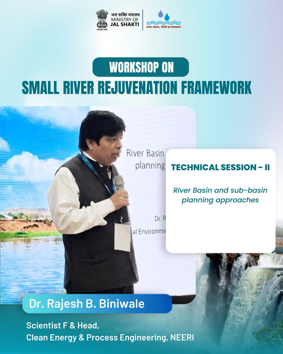 NRCD_MoJS's tweet photo. Technical Session II | River Basin and Sub-basin Planning Approaches

Dr. Rajesh B. Biniwale, Scientist ‘F’ & Head, Clean Energy and Process Engineering, NEERI, shared insights on adopting an integrated river basin and sub-basin approach for river planning and management, drawing from work undertaken in the Godavari River Basin.

He emphasised the need to identify and map rivers, tributaries and smaller rivulets, including those that may have been overlooked or are no longer widely recognised. He also highlighted that planning should follow watershed boundaries alongside administrative boundaries, supported by an understanding of the water balance.

The presentation covered key aspects of basin-level planning, including pollution-source mapping, sewage and industrial pollution, solid waste, GIS-based mapping and integration of data from different sources to identify priority areas and appropriate interventions.

Drawing on the Godavari experience, Dr. Biniwale also highlighted how forest cover, soil erosion, climate-related factors and river flows can be studied together to understand river-system changes and guide interventions.

The presentation underscored the importance of integrated, data-driven and basin-level planning for effective river management, with approaches that can also inform the rejuvenation of smaller rivers and their sub-basins.

#SmallRiverRejuvenation #RiverBasinManagement #SubBasinPlanning #RiverConservation #WaterResourcesManagement #PollutionAbatement #GISMapping #WatershedManagement #NatureBasedSolutions #NEERI #NRCD #NMCG