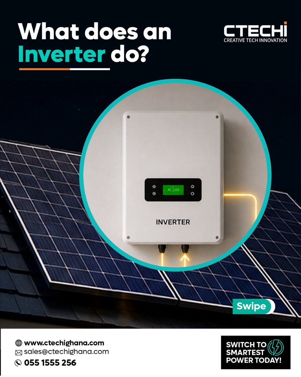 ctechisolar's tweet photo. What's an inverter and why does it matter?  It converts the sunlight from your solar panels into the power to run your appliances. CTECHI inverters ensure smooth, stable energy; no flickers, no fuss.

#Ctechighana #ctechisolar #solarenergy #Dumsor https://t.co/jCet7ge7rU