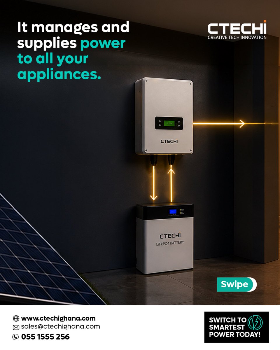 ctechisolar's tweet photo. What's an inverter and why does it matter?  It converts the sunlight from your solar panels into the power to run your appliances. CTECHI inverters ensure smooth, stable energy; no flickers, no fuss.

#Ctechighana #ctechisolar #solarenergy #Dumsor https://t.co/jCet7ge7rU