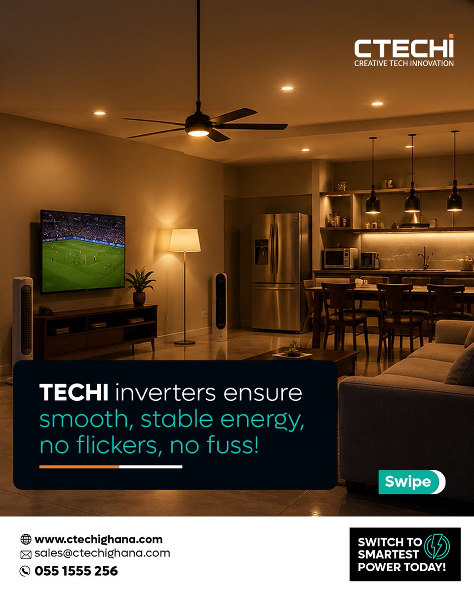 ctechisolar's tweet photo. What's an inverter and why does it matter?  It converts the sunlight from your solar panels into the power to run your appliances. CTECHI inverters ensure smooth, stable energy; no flickers, no fuss.

#Ctechighana #ctechisolar #solarenergy #Dumsor https://t.co/jCet7ge7rU