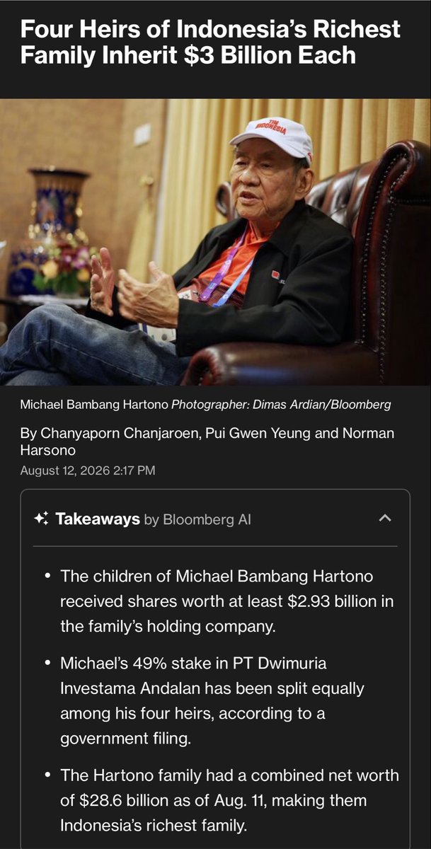 valenttt____'s tweet photo. BREAKING NEWS

Michael Bambang Hartono memberikan saham PT Dwimuria Investama Andalan (Pengendali $BBCA) terhadap keempat anaknya sekitar $2,93 Billion. 

When yah…. https://t.co/jCGAw8MvLa