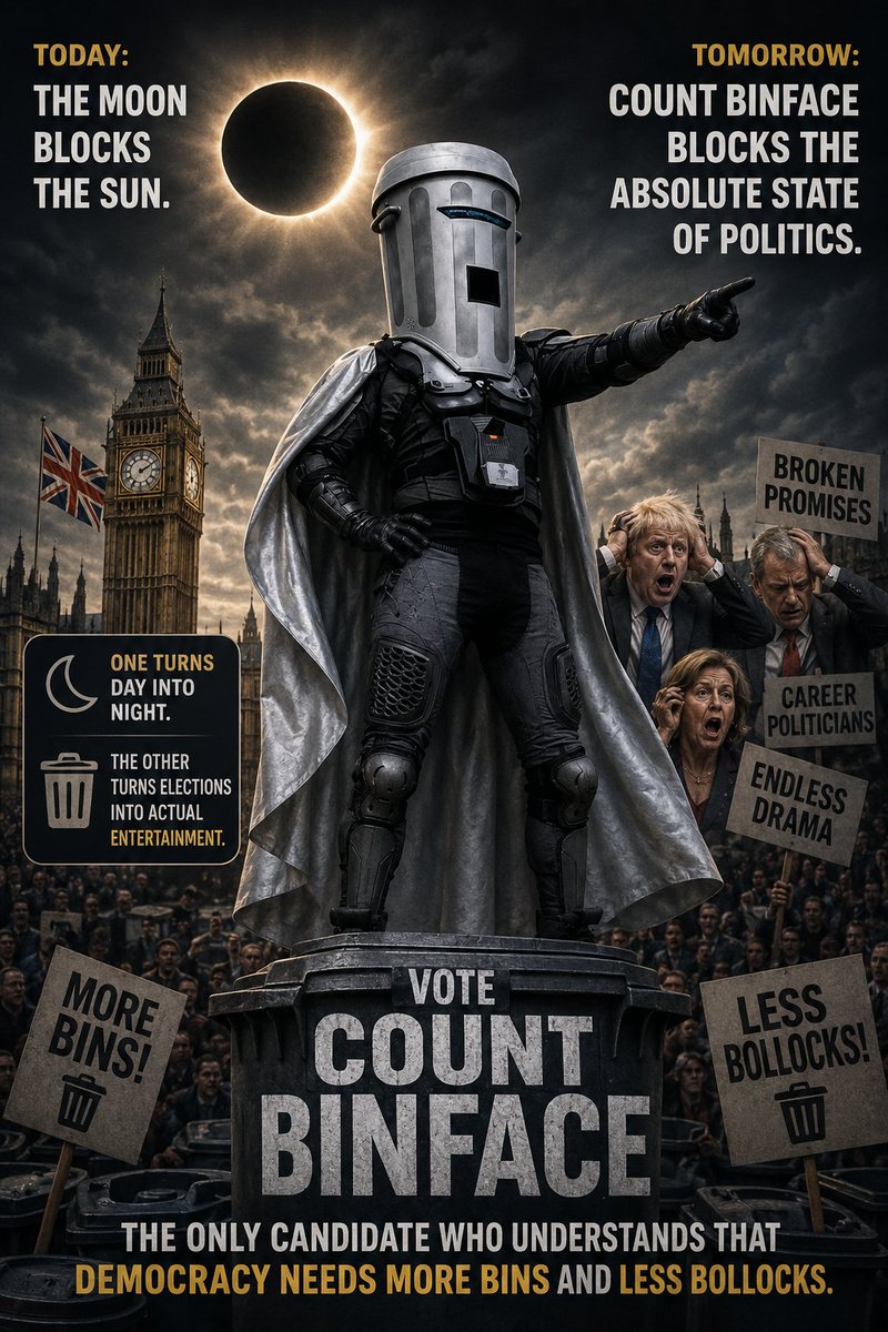 BinfaceSOL's tweet photo. Today: The Moon blocks the Sun.
Tomorrow: Count Binface blocks the absolute state of politics. 
One turns day into night.
The other turns elections into actual entertainment. 
Vote Count Binface.
The only candidate who understands that democracy needs more bins and less bollocks.

the ticker is $Binface