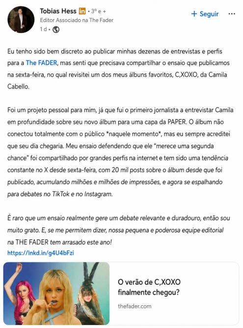 kccett's tweet photo. Tobias Hess fez novas publicações sobre a repercussão de sua matéria na The Fader sobre o C,XOXO.

— "Foi a experiência profissional mais insana da minha vida. Escrever ainda importa e tem impacto!"

— "É raro uma redação realmente gerar um debate contínuo." https://t.co/0Dkx5kxjT3