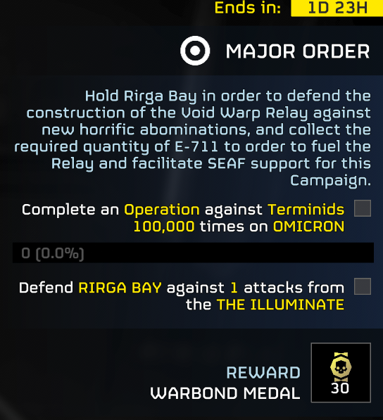 helldivers2's tweet photo. Through their abhorrent manipulation of spacetime, the Illuminate have conjured the Void. To breach this dark anomaly, engineering corps are finalizing a Void Warp Relay on Rirga Bay, designed to insulate fleet hulls against molecular destabilization during FTL transit.

However, initial calibration tests have allowed an onslaught ofhorrific Illuminate creations to spill out from the gateway, threatening to halt the Relay's construction.

Helldivers must hold Rirga Bay, stop the spread of these grotesque mutations, and collect critical E-711 to fuel the relay. Securing these reserves is vital to facilitate upcoming SEAF deployments into the unknown.
