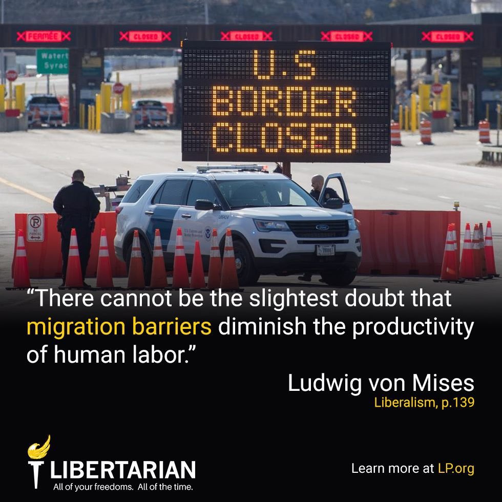 LPNational's tweet photo. Libertarians support the free market, property rights, and individual liberty. 

Why should peaceful migrants be forced to get government permission to work here? https://t.co/VMeXgLTxTA