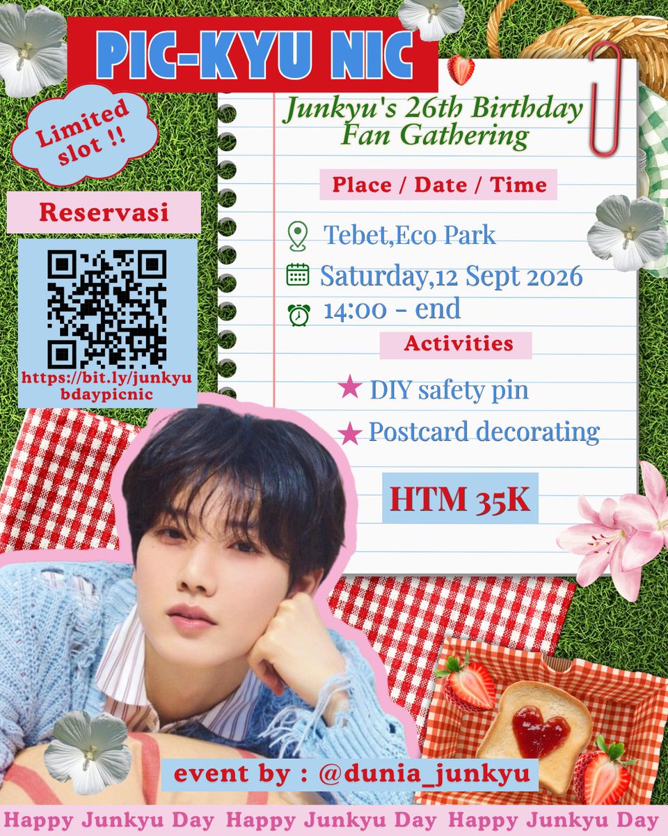 dunia_junkyu's tweet photo. ☁️ PIC-KYU NIC — JUNKYU’S 26TH BIRTHDAY FAN GATHERING

A little picnic to celebrate Junkyu together! 🧺

📅 12 September 2026
📍 Tebet Eco Park, Jakarta Selatan
🎟️ RSVP: 12 August 2026, 19.00 WIB

Limited slots, see you at PIC-KYU NIC! 🌿

#KYUPICNIC #PICKYUNIC26 #JUNKYU26thBday https://t.co/H0KGRCk9fr