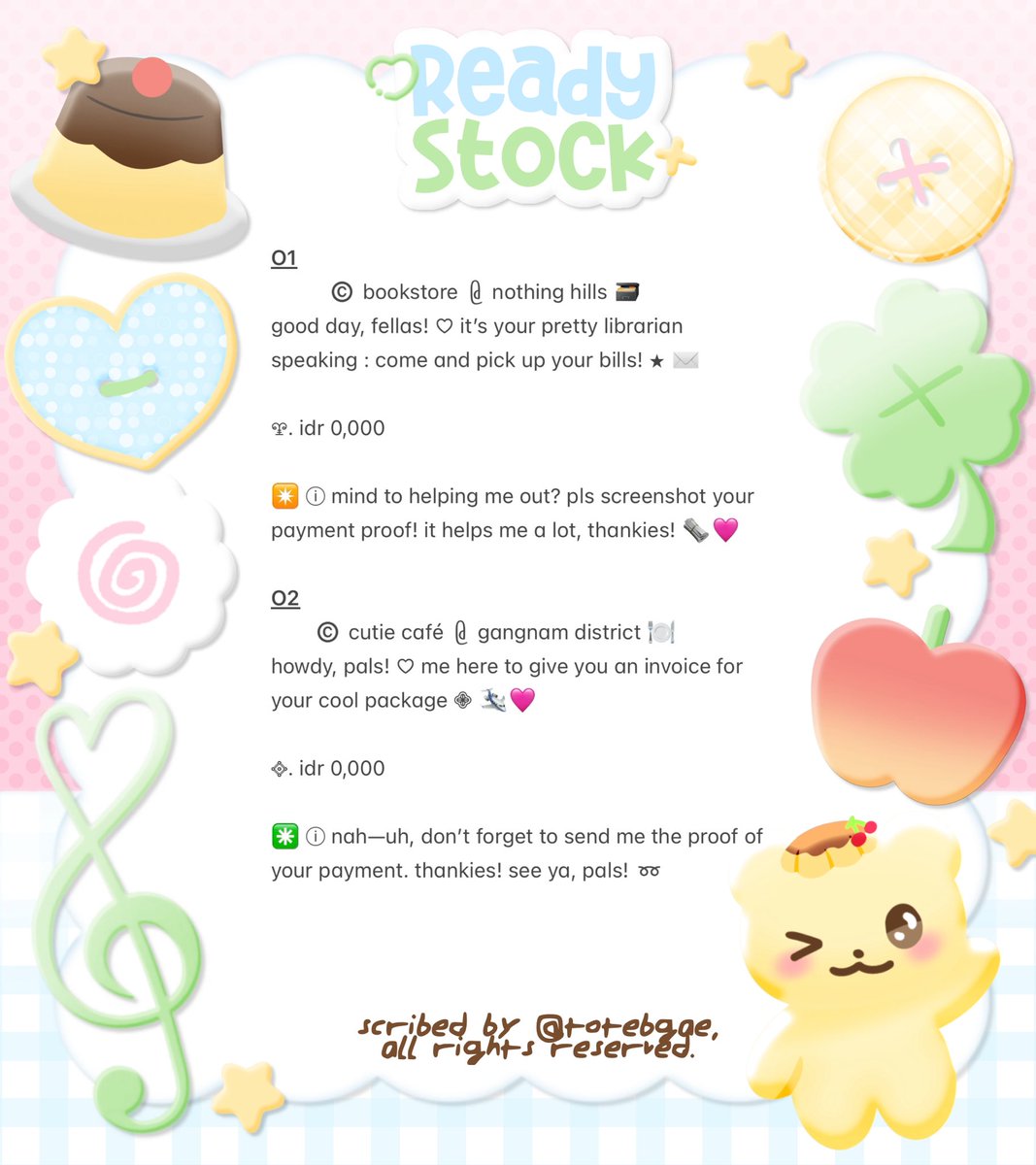 totebgae's tweet photo. mind to help rt? thanks! ♥︎

nighty, night—owls! ୨୧ .. 🌑💬 aku punya 2 wording payment yang bisa langsung dibawa pulang dengan harga : Rp4.500! 🚮 kindly check ALT for more details &amp;&amp; don’t forget to @ me after dm! ♥️

꩜ —— #bealanja https://t.co/XVBNC2DrHJ