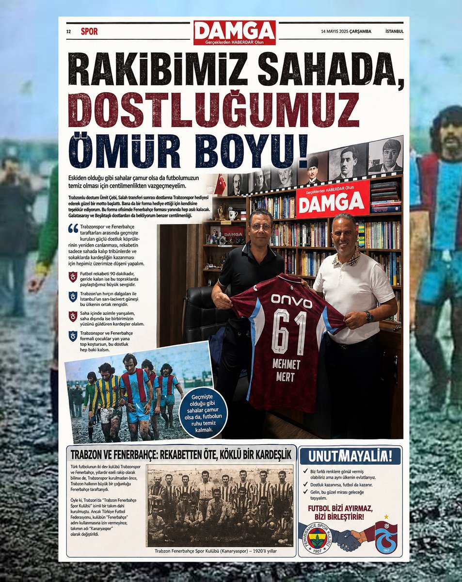 MehmetMertTv's tweet photo. Eskiden olduğu gibi sahalar çamur olsa da futbolumuzun temiz olması için centilmenlikten vazgeçmeyelim.
Trabzonlu dostum Ümit Çebi, Salah transferi sonrası dostlarına Trabzonspor hediyesi ederek güzel bir motto başlattı. Bana da bir forma hediye ettiği için kendisine teşekkür ediyorum. Bu forma ofisimde Fenerbahçe forması yanında hep asılı kalacak. Galatasaray ve Beşiktaşlı dostlardan da bekliyorum benzer centilmenliği.

Trabzonspor ve Fenerbahçe taraftarları arasında geçmişte kurulan güçlü dostluk köprülerinin yeniden canlanması, rekabetin sadece sahada kalıp tribünlerde ve sokaklarda kardeşliğin kazanması için hepimiz üzerimize düşeni yapalım.

Futbol rekabeti 90 dakikadır, geride kalan ise bu topraklarda paylaştığımız büyük sevgidir.
Trabzon'un hırçın dalgaları ile İstanbul'un sarı-lacivert güneşi bu ülkenin ortak rengidir.
Saha içinde azimle yarışalım, saha dışında ise birbirimizin yüzünü güldüren kardeşler olalım.
Trabzonspor ve Fenerbahçe formalı çocuklar yan yana top koştursun, bu dostluk hep baki kalsın.

Türk futbolunun iki dev kulübü Trabzonspor ve Fenerbahçe, yıllardır ezeli rakip olarak bilinse de, Trabzonspor kurulmadan önce, Trabzon halkının büyük bir çoğunluğu Fenerbahçe taraftarıydı. Öyle ki, Trabzon’da “Trabzon Fenerbahçe Spor Kulübü” isimli bir takım dahi kurulmuştu. Ancak Türkiye Futbol Federasyonu, kulübün “Fenerbahçe” adını kullanmasına izin vermeyince, takımın adı “Kanaryaspor” olarak değiştirildi.
.
@Trabzonspor @Fenerbahce