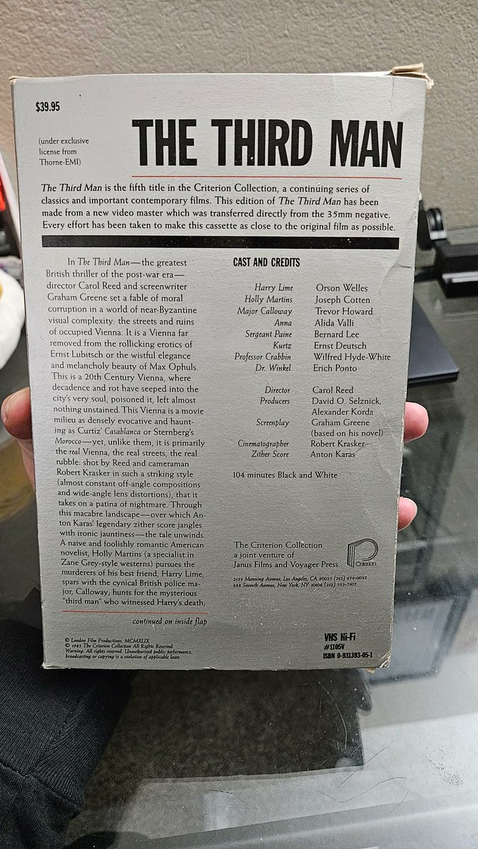 javier078's tweet photo. I need to find all three CRITERION COLLECTION VHS releases (The Third Man, The 39 Steps, The Lady Vanishes), I found a new purpose! 

Pictures for a reddit post. https://t.co/xbBVm43FKf