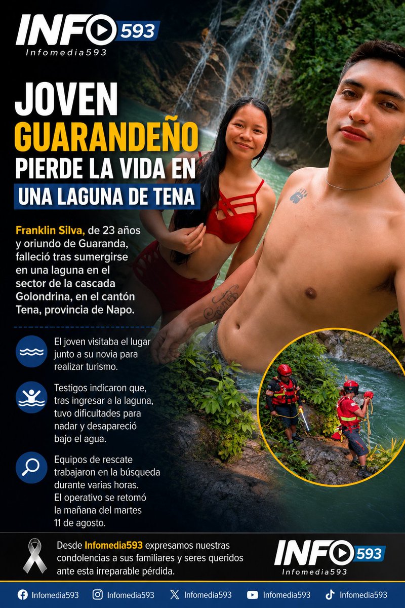 Infomedia593's tweet photo. 🚨 JOVEN GUARANDEÑO PIERDE LA VIDA EN UNA LAGUNA DE TENA
#infomedia  #Guaranda #Guarandeño #Napo #Tena #Ecuador #NoticiasEcuador #Sucesos #Accidente #Tragedia #ÚltimaHora #Noticias #QEPD
Detalles ⬇️
https://t.co/09ubXKb9BA https://t.co/g8tDIdyzlo