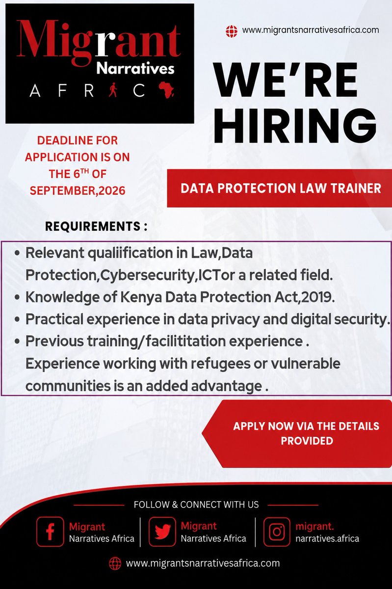 MnarrativesA's tweet photo. .@MnarrativesA, under the #TrustLab Project in partnership with EU through @dw_akademie, is seeking a Data Privacy Laws/Data Protection Trainer to support our upcoming refugee training in Nairobi.  

Deadline: 6 Sept, 2026  

Apply here:
https://t.co/ngiJnzMmq9 https://t.co/s4CwnWRGcs