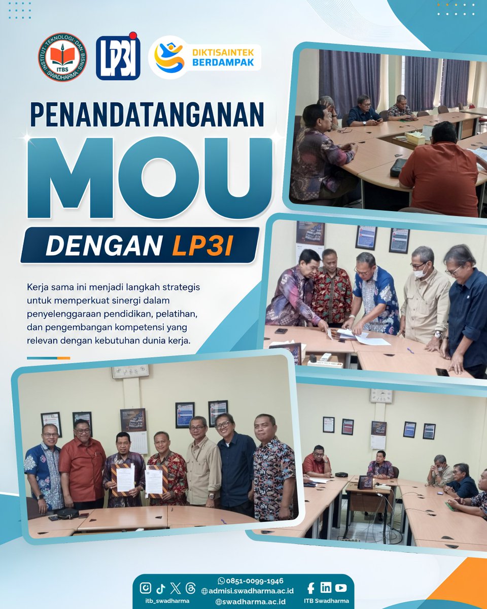 itb_swadharma's tweet photo. 🤝 Penandatanganan MoU ITB Swadharma × LP3I
Langkah kolaborasi untuk memperkuat sinergi dalam bidang pendidikan dan pengembangan
kompetensi.
👉 Daftar sekarang: https://t.co/cLedl1i2HA
#ITBSwadharma #LP3I #MoU #KolaborasiPendidikan
#DiktisaintekBerdampak https://t.co/MDTOVjof9t