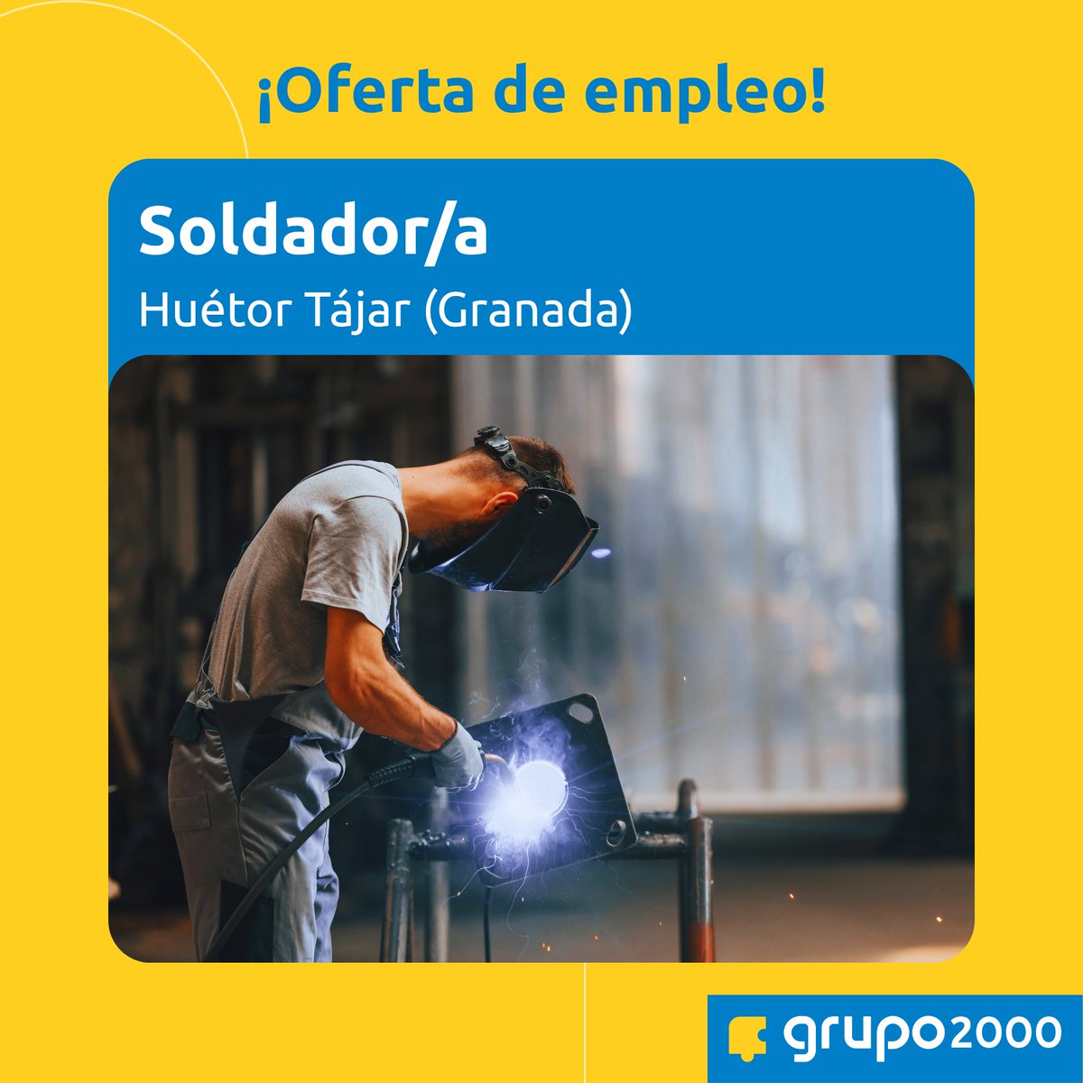 Grupo2000CF's tweet photo. Fábrica, situada en Huétor Tájar (Granada), necesita incorporar un/a soldador/a 😄
¿Tienes experiencia en soldadura y conocimientos de interpretación de planos? ¡Envíanos tu CV! ➡️https://t.co/Y17ELKBd2i
#rrhh #empleabilidad #contratando #vacanteslaborales https://t.co/Sy4G3spxKQ