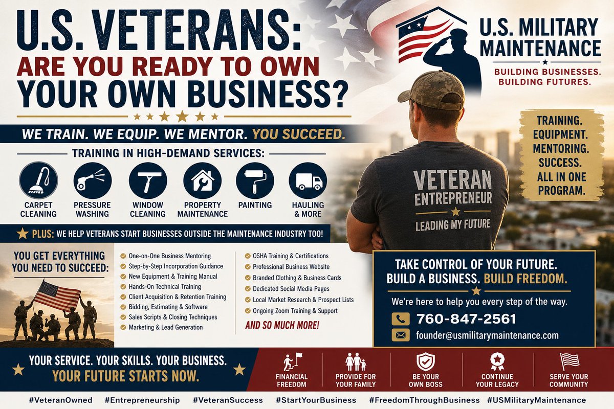 HirePatriots's tweet photo. U.S. Veterans: Are You Ready to Own Your Own Business?
We help U.S. Veterans build successful businesses through comprehensive training, mentoring, and startup assistance.
Learn More 👉 https://t.co/54i1iTqspD
#VeteranOwned #VeteranEntrepreneur  #USMilitaryMaintenance https://t.co/iDIpjcrn9c