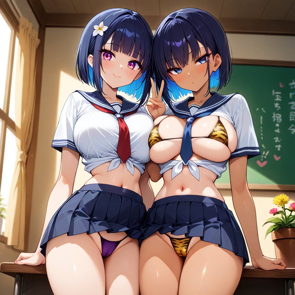 kane8_mk3's tweet photo. おまけ

1. あえて日焼けよりも小さいビキニを着て見せつけてくれる娘
2. 切り抜いたとしてもそうはならんやろな制服&amp;怪異物体。わたしがやりました的な？
3. 金玉キラキラ謎物体
4. 選べる双子ヒロイン、みたいな味わい。虎柄着てる方が照れてそう https://t.co/Koe7jR4MEv