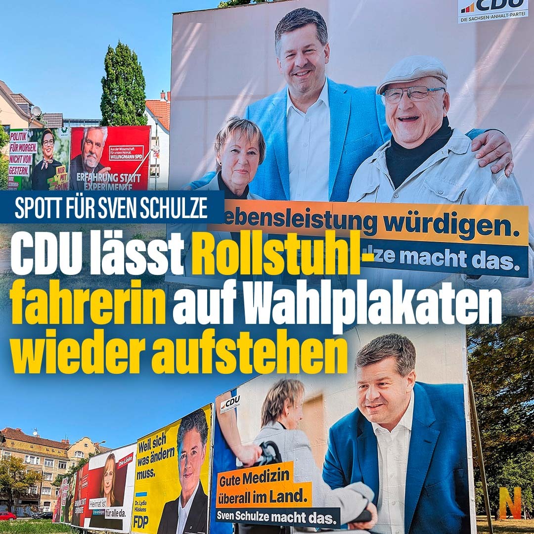 niusde_'s tweet photo. Spott für Sachsen-Anhalts Ministerpräsident Sven Schulze: Die CDU lässt auf Wahlplakaten eine Rollstuhlfahrerin wieder aufstehen:
https://t.co/VgS93buirN https://t.co/0YCXk8G1Us