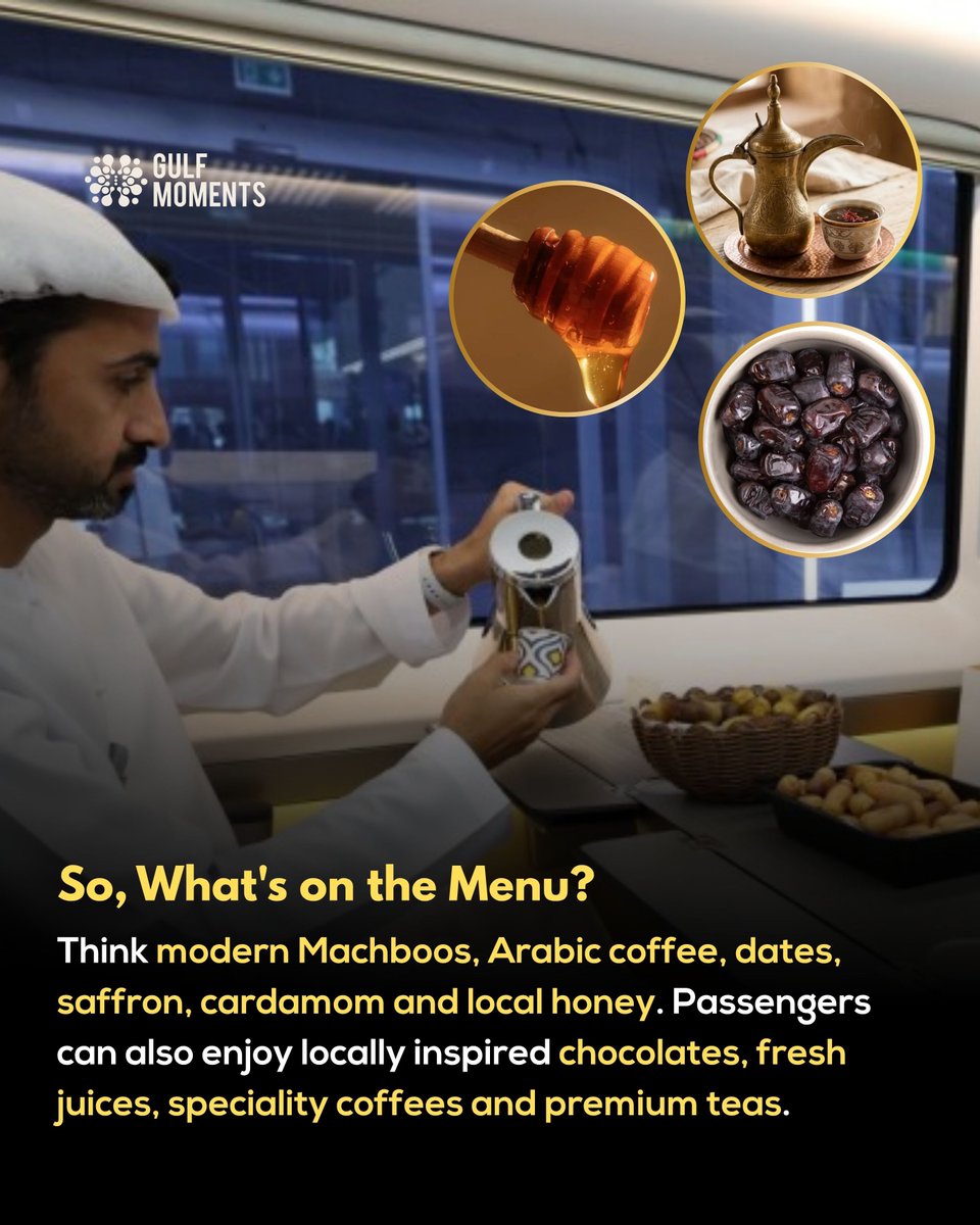 Gulf_Moments's tweet photo. Your Etihad Rail journey is now serving more than just a scenic ride. 

From modern Machboos and Arabic coffee to dates, saffron, cardamom, local honey and locally inspired chocolates, Emirati flavours are now part of the onboard experience. Passengers can also enjoy a complimentary Ghaf Juice Shot for a limited time, along with meals, snacks and a dedicated children's menu across Comfort and Premium classes.

Save this for your next Etihad Rail journey. 

.
.
.

UAE, Etihad Rail, Abu Dhabi, Fujairah, Emirati Cuisine, UAE Food, Train Travel, Travel, UAE News, Gulf Moments
