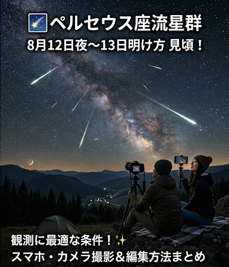 FotorPea_JP's tweet photo. 🌠8月12日夜〜13日明け方はペルセウス座流星群が見頃！

今年は月明かりの影響が少なく、観測には比較的良い条件✨

見頃の時間や見る方向、スマホ・カメラでの撮影方法、撮った写真を鮮明にする方法をまとめました👇
https://t.co/8lIwSpAAz6

#ペルセウス座流星群 #流星群 #天体観測 #星空撮影 https://t.co/GhCOWw2NMW