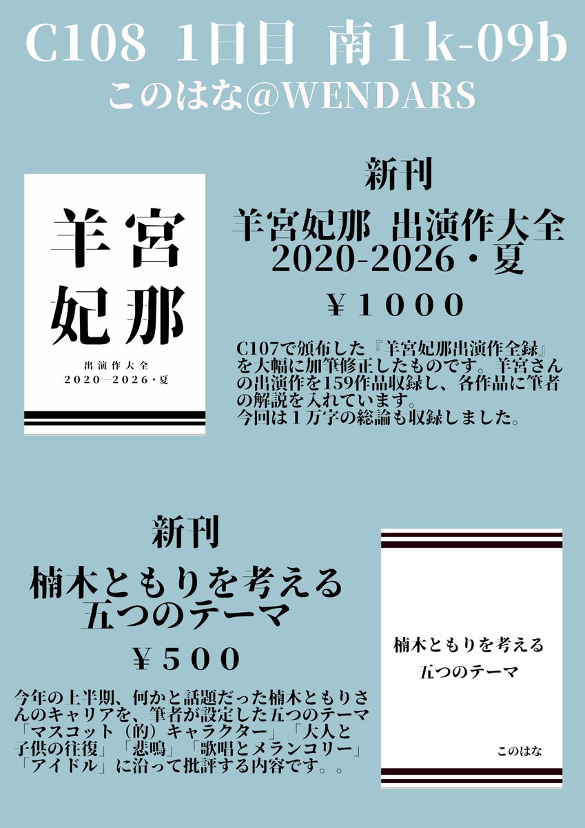 nicomakiForever's tweet photo. コミケのお品書きです！！！今回は二冊出します！！

羊宮妃那さんの出演作をまとめた大全（今回は総論付き）と、楠木ともりさんを五つのテーマから考えた評論本です

一日目の南１ホールk－０９bにてお待ちしております
#C108お品書き 
#C108 https://t.co/3w1LYjH3ti