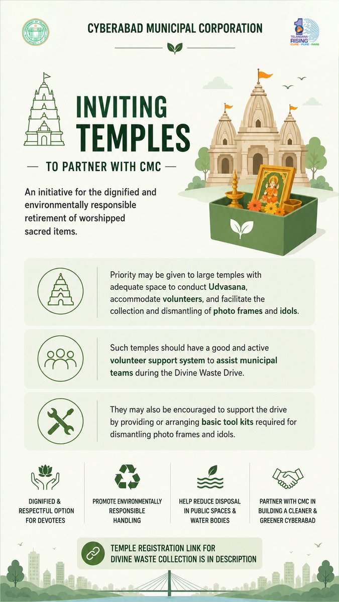 CMC_Offcl's tweet photo. 🙏 INVITING TEMPLES TO PARTNER WITH CMC

Cyberabad Municipal Corporation invites temples to partner in the Divine Waste Collection Drive for the dignified and environmentally responsible retirement of worshipped sacred items.

Temples with adequate space, active volunteer support and basic tools for dismantling photo frames and idols are encouraged to participate.

🌿 Dignified & respectful handling
♻️ Environmentally responsible management
💧 Reduced disposal in public spaces & water bodies
🤝 Together for a cleaner, greener Cyberabad

Temple registration link : https://t.co/IxU1Dihl2P 

@jayesh_ranjan @TelanganaCS @TelanganaCMO @IPRTelangana @MC_Cyberabad @ZC_SLP @ZC_Kukatpally1 @zcquthbullapur @GummallaSrijana