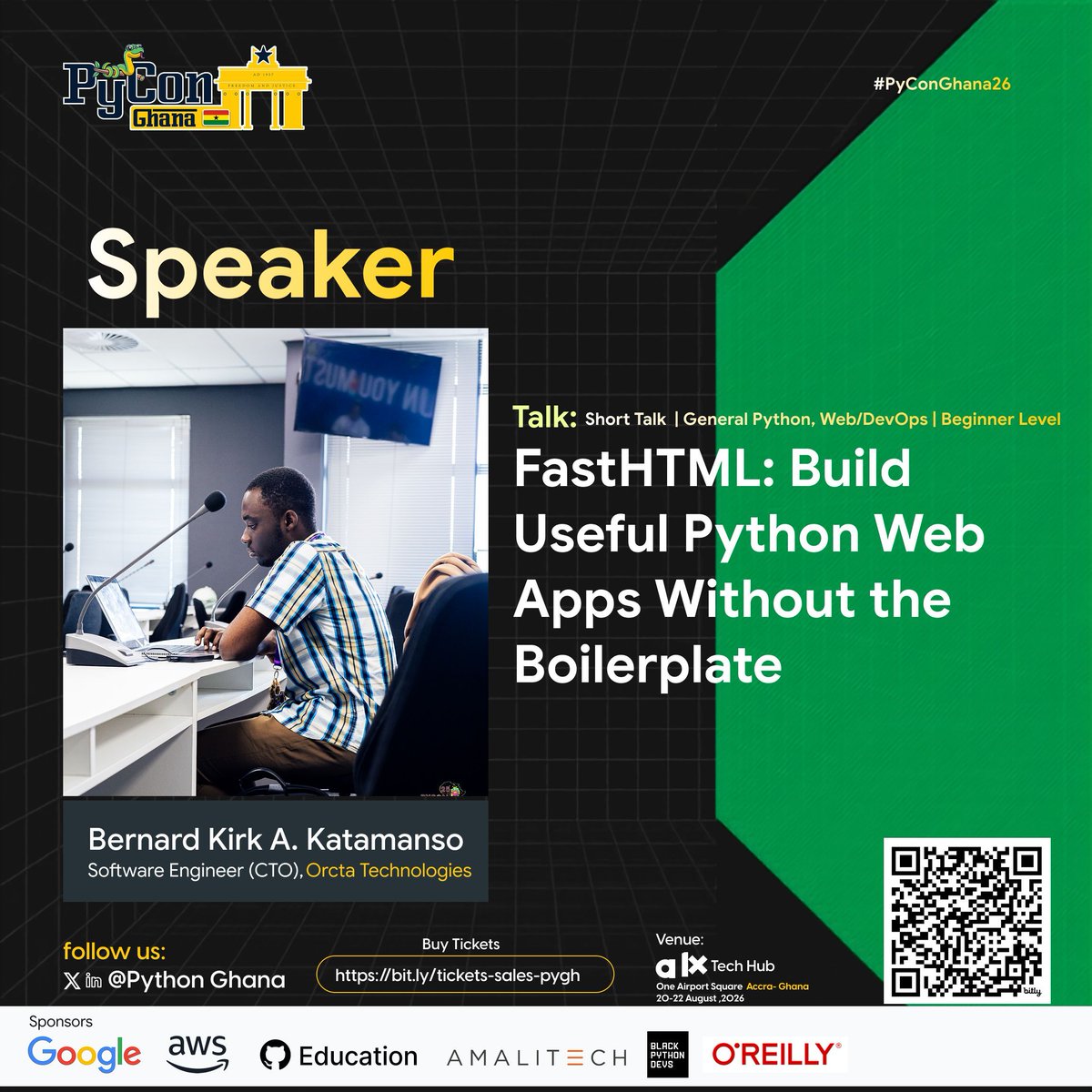 PyconGhana's tweet photo. π€ SPEAKER SPOTLIGHT
Meet Bernard Kirk Katamanso π
Join Bernard at PyCon Ghana 2026 as they present:
ποΈ FASTHTML: Build Useful Python Web Apps Without the Boilerplate.
π
20β22 August 2026
π ALX Tech Hub, Accra
#PyConGhana2026 #PyConGhana #PythonGhana #Python https://t.co/lwe2dD5yd7
