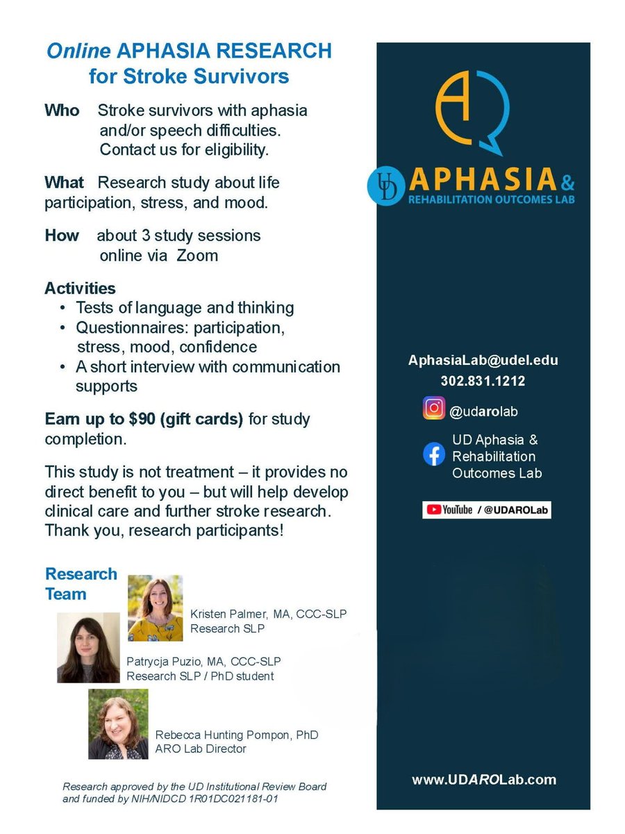 UD_CHRC's tweet photo. Online Aphasia Research for Stroke Survivors
Research study about life participation, stress, and mood. Three study sessions online vis Zoom and you can earn up to $90 (gift cards) for study completion.
Link in the comments! https://t.co/fnezQuxfmL