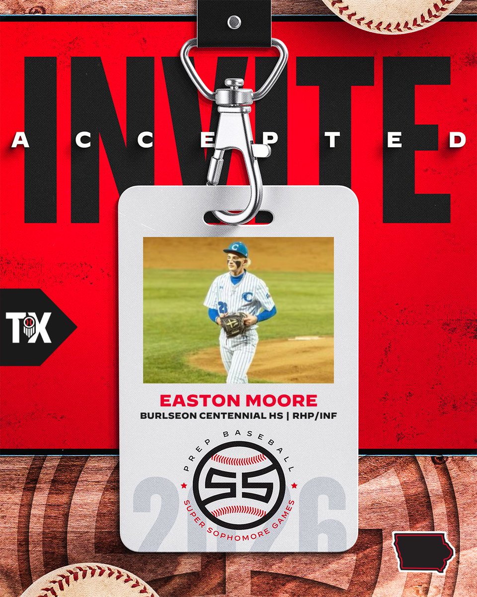 PrepBaseball_TX's tweet photo. 🎟️ #𝐓𝐗𝐋𝐀𝐒𝐒𝐆𝟐𝟔 𝐈𝐧𝐯𝐢𝐭𝐞 𝐀𝐜𝐜𝐞𝐩𝐭𝐞𝐝

2029 Easton Moore (@eastonmoore2029 | @CHSSPARTANBASE1) is headed to Alex Box Stadium for the 2026 Texas/Louisiana Super Sophomore Games.

Check out all the details on the premier invite-only event for the ‘29 class below ⬇️ 

🖇️ https://t.co/7NzpCo63IJ