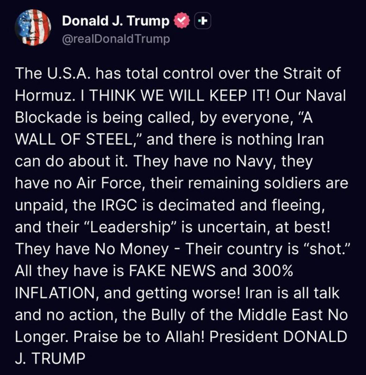 nexta_tv's tweet photo. Trump: Iran is defeated, and our blockade of the Strait of Hormuz is an «iron wall». Praise be to Allah!

The US president said Washington has full control of the strait and intends to maintain that control. According to him, Iran no longer has a navy or air force, while the IRGC has been destroyed and is fleeing.