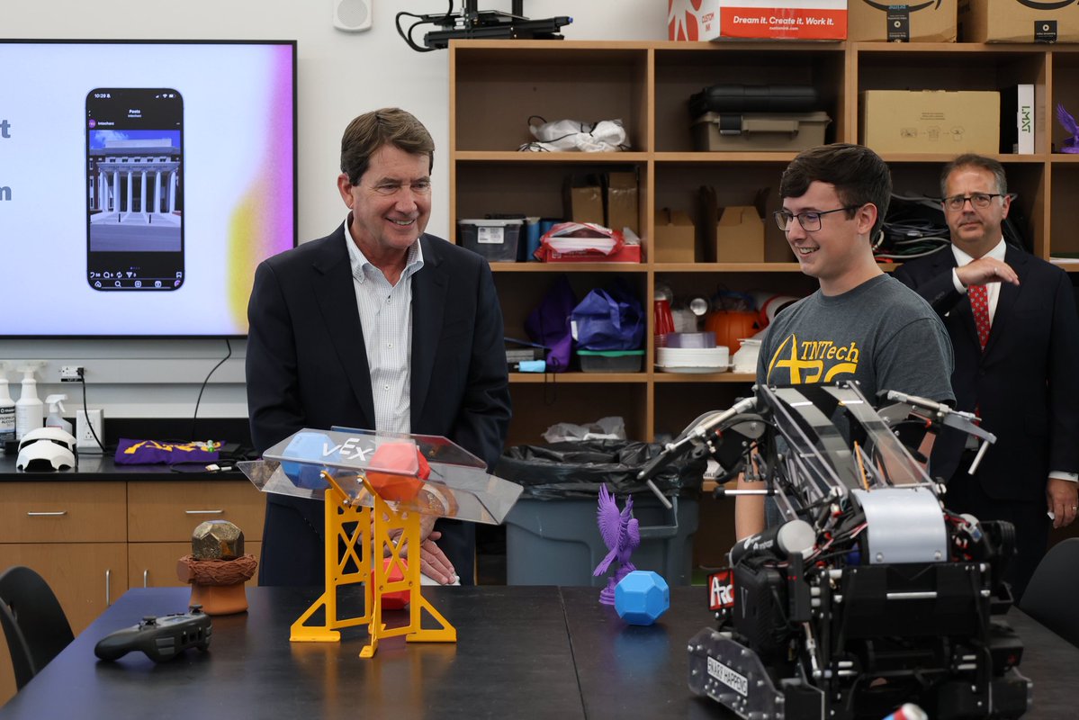 SenatorHagerty's tweet photo. I enjoyed my visit to another institution that’s paving the way for innovation in the Volunteer State, Tennessee Tech University.

@tennesseetech is changing the game in nuclear energy education and robotics programming. 

It was great meeting with senior leadership and dedicated students from the Autonomous Robotics Club on campus to discuss student success, cybersecurity, and AI initiatives. Thank you for your hospitality!