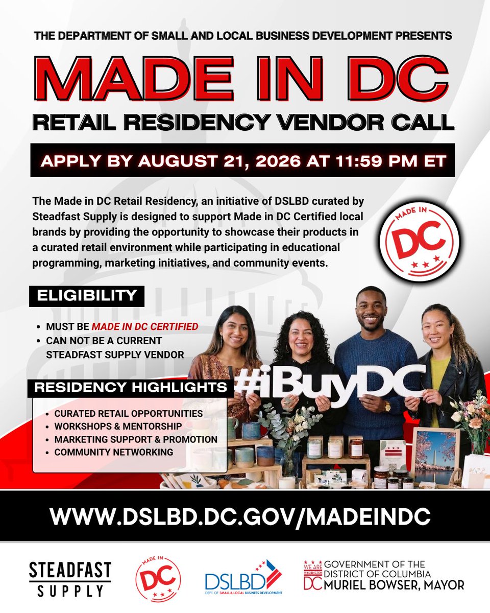 SmallBizDC's tweet photo. Made in DC makers, this opportunity is for you!

Applications are open for the FY26 Made in DC Creative Retail Residency, featuring retail opportunities, professional development, marketing support and community activations.

Apply here: https://t.co/AgidnfFp8v https://t.co/F2qJZaSw8y