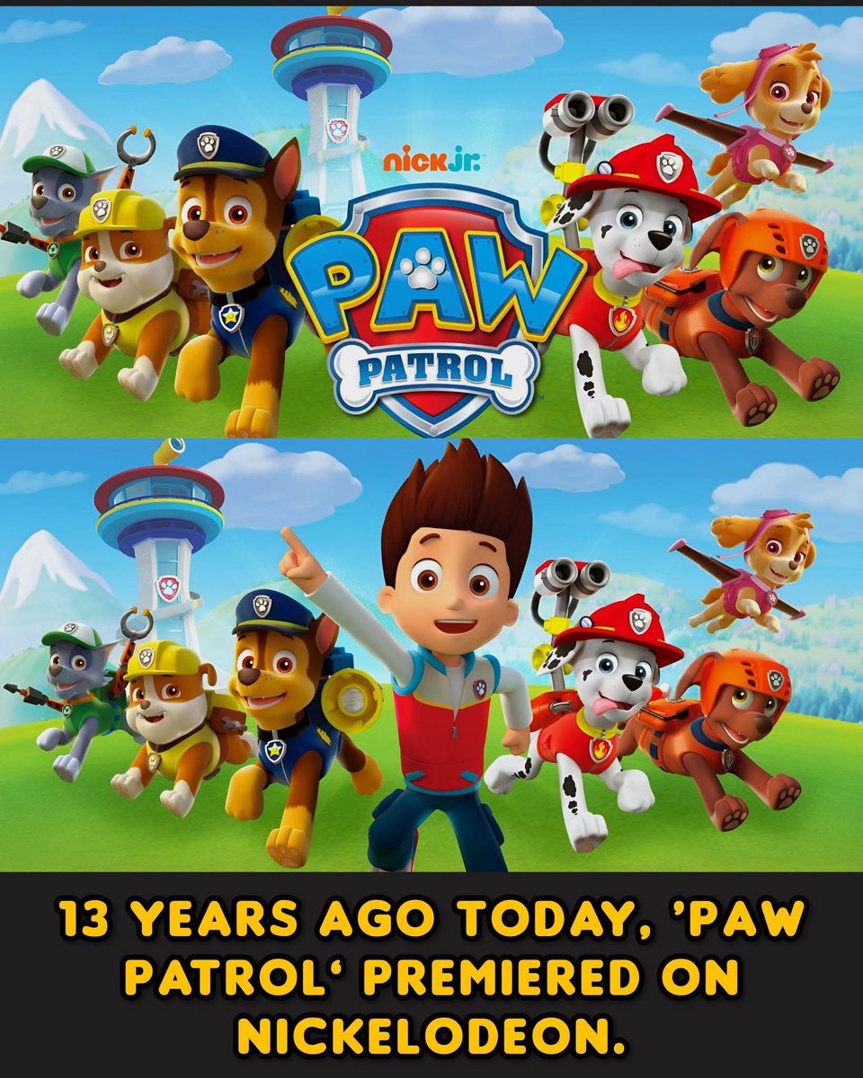 A2CVIBES26's tweet photo. 13 years ago today, PAW Patrol premiered on Nickelodeon and introduced a team of heroic pups who quickly became childhood favorites around the world. 

From Chase and Marshall to Skye, Rubble, Rocky, Zuma, and Everest, every pup brought their own personality and special skills to the team. With Ryder leading the way, their exciting rescue missions taught kids the importance of teamwork, friendship, courage, and helping others. Over the years, PAW Patrol has grown into a massive franchise with movies, toys, games, and countless memorable adventures. Thirteen years later, the pups remain a beloved part of many childhoods and continue to make a difference.