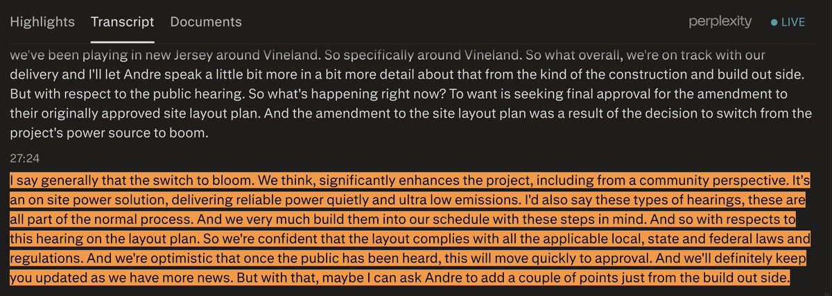 wallstengine's tweet photo. $NBIS on the Vineland, NJ site and the switch to $BE:

"The amendment to the site layout plan was a result of the decision to switch the project's power source to Bloom. The switch to Bloom significantly enhances the project... It's an on-site power solution, delivering reliable power quietly and with ultra-low emissions."

"These types of hearings are all part of the normal process... We're confident that the layout complies with all applicable local, state and federal laws and regulations, and we're optimistic that once the public has been heard, this will move quickly to approval."

On the buildout: "Construction of the building itself finished earlier this summer, engineering fit-out is progressing well, and Bloom fuel cell deployment should be fast... The switch to Bloom has been a valuable and a good pivot for the project, with no significant impact expected on the project timeline."