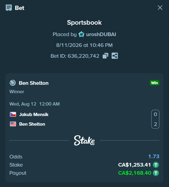 urosh1337's tweet photo. Big @BenShelton secured the bag🎾💰 @stake https://t.co/u4sLRSHAgi