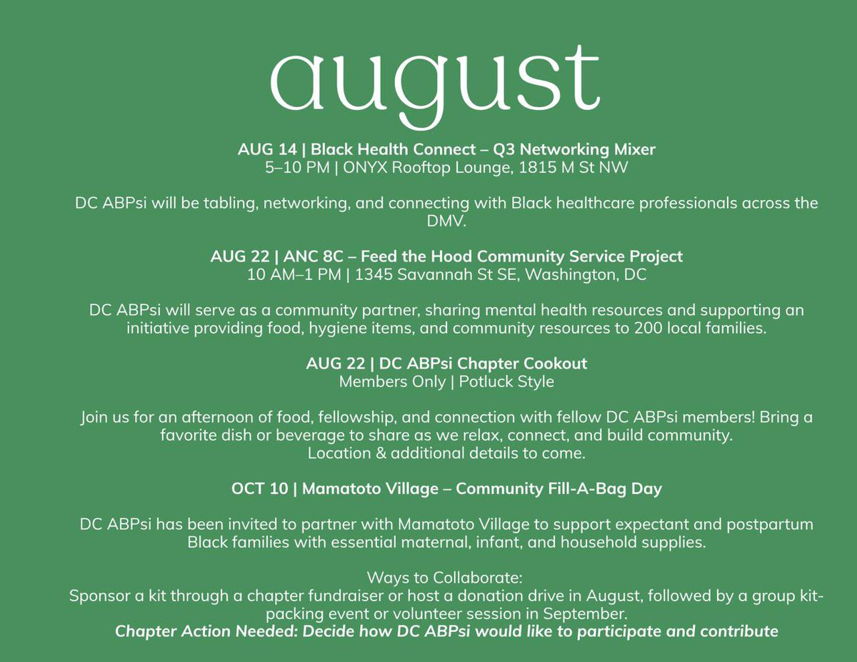 DCABPsi's tweet photo. DC ABPsi is on summer hiatus! 🌿☀️ While there will be no chapter meeting this month, there are still opportunities to fellowship, serve, connect &amp; rest as a collective. 💚

📅 Check our calendar, IG &amp; website for upcoming events. We hope to see you there! #DCABPsi https://t.co/QnYJ4qRGNd