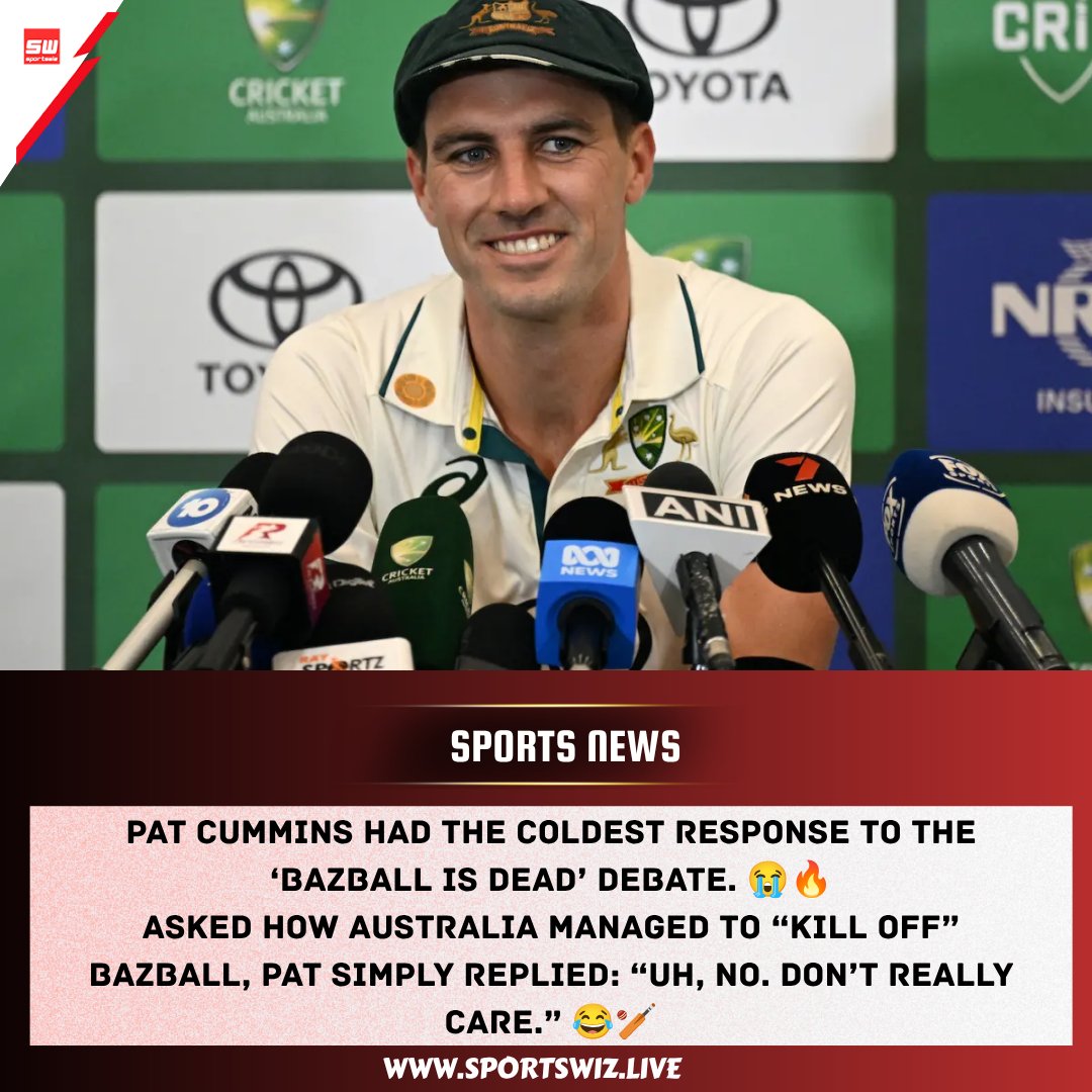 mysportswiz's tweet photo. The Bazball post-mortem didn't quite interest Pat 😭
https://t.co/7Wm3X0Tlrs
#PatCummins #Bazball #AustraliaCricket #EnglandCricket #Ashes #Cricket #AUSvsENG https://t.co/QESqyId0Jq