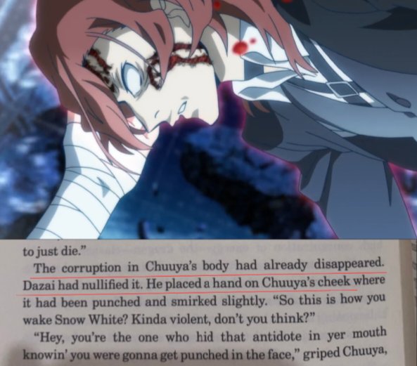 Jeongguk255's tweet photo. In the novel, Corruption had already been nullified, so Dazai cupped Chuuya’s cheek simply because he wanted to, and then said he wanted Chuuya to kiss him awake https://t.co/3mmhOrApq5