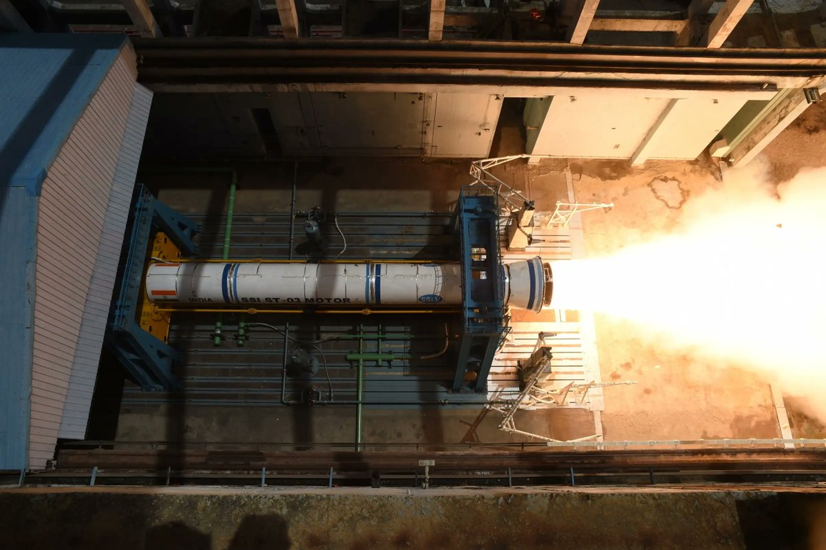 ispaceflight_in's tweet photo. ISRO has successfully conducted the ground static test of an improved version of the solid booster stage (SS1) of Small Satellite Launch Vehicle (SSLV). The test was conducted on August 11, 2026 at the static test facility located at the Satish Dhawan Space Centre, Sriharikota. The design improvements include enhanced propellant burn rate in two motor segments, optimized thermal protection system and process improvements in the nozzle sub-system to make it more production friendly along with a reduction in the mass. The performance of the solid motor during the test was monitored through extensive instrumentation that measured more than 600 parameters to capture the ignition, ballistics, structural, thermal, dynamics and acoustic performances of the motor. The performance of the motor based on test data was close to the predicted performance. This static test qualifies the design improvements implemented in the first stage of SSLV (SS1). The payload capability of SSLV is estimated to be enhanced by about 100kg to Low Earth Orbit on the induction of this improved version of SS1. The Small Satellite Launch Vehicle (SSLV) was developed by ISRO as a production friendly, quick turn-around, launch-on-demand launcher and has completed two successful development flights. The Transfer of Technology to Indian industry is already underway and is expected to be manufactured in large numbers to provide small satellite launch services to customers. #ISRO #SSLV #LEO